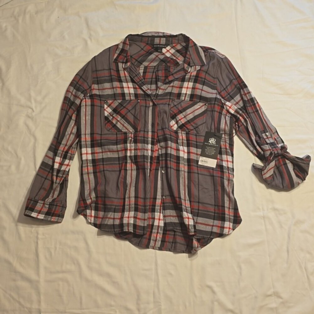 Womens Rock & Republic Button Down Checkered Stripe Plaid Long Sleeve Shirt LG